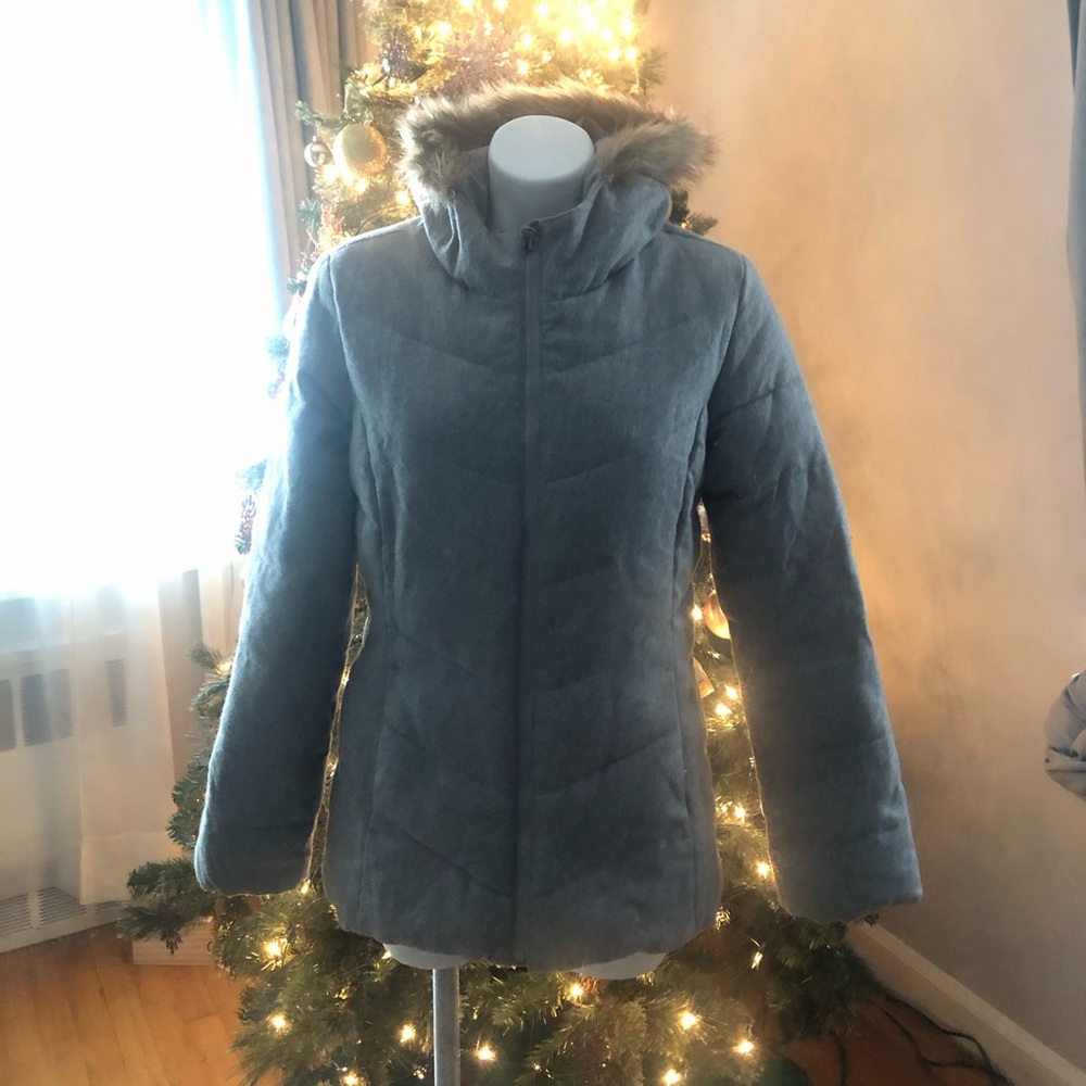 Gray quilted jacket with fur lined hood